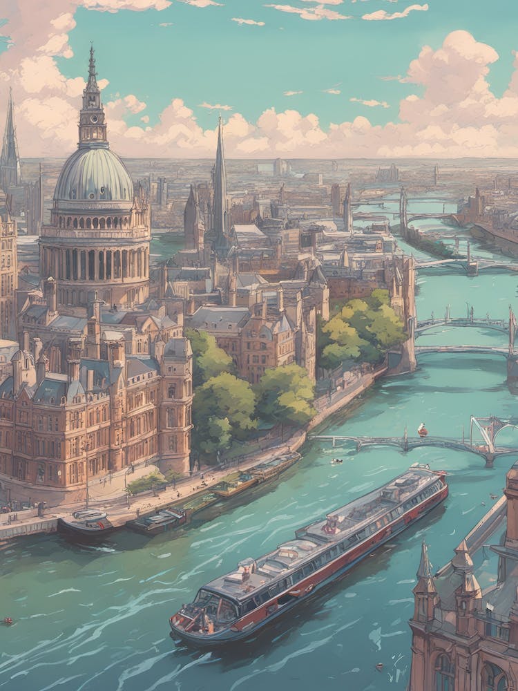 London City River Thames Fun Sunny Day Busling Ghibli Style Paints