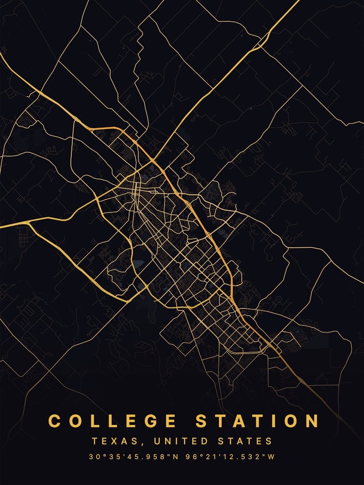 College Station Texas USA Black And Gold Map