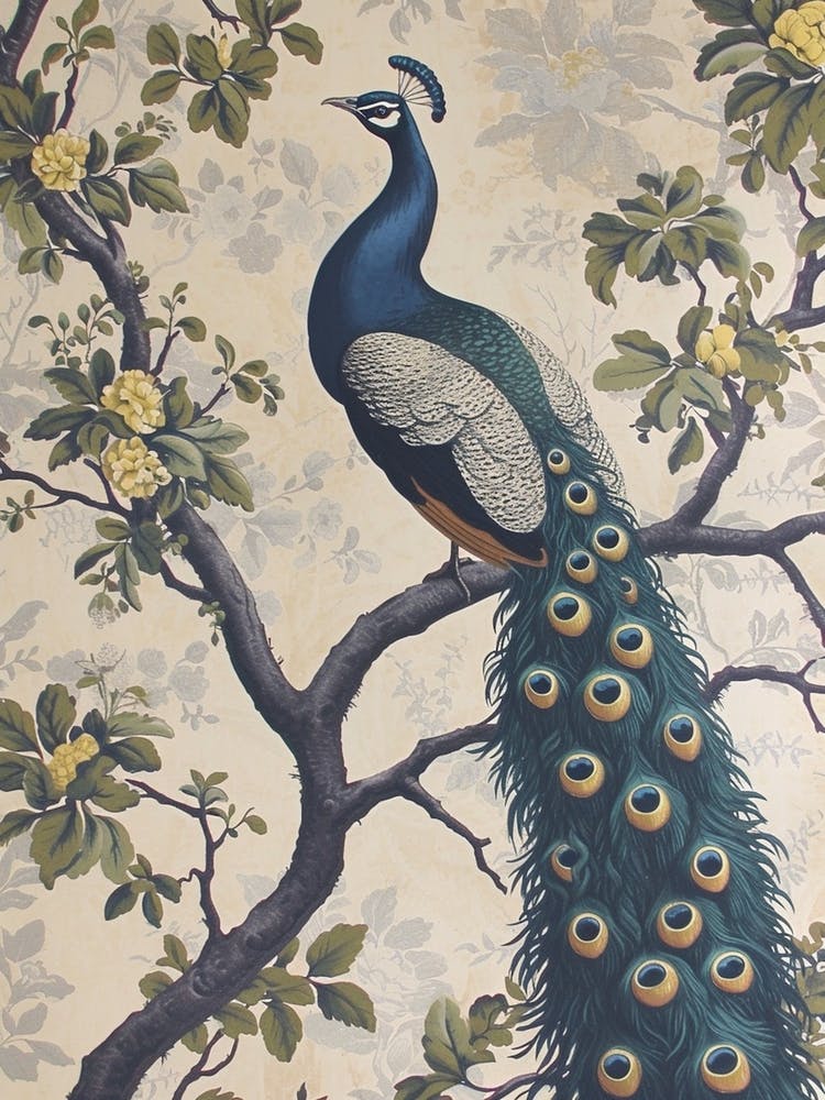 Vintage Peacock In A Tree Floral Wallpaper 2