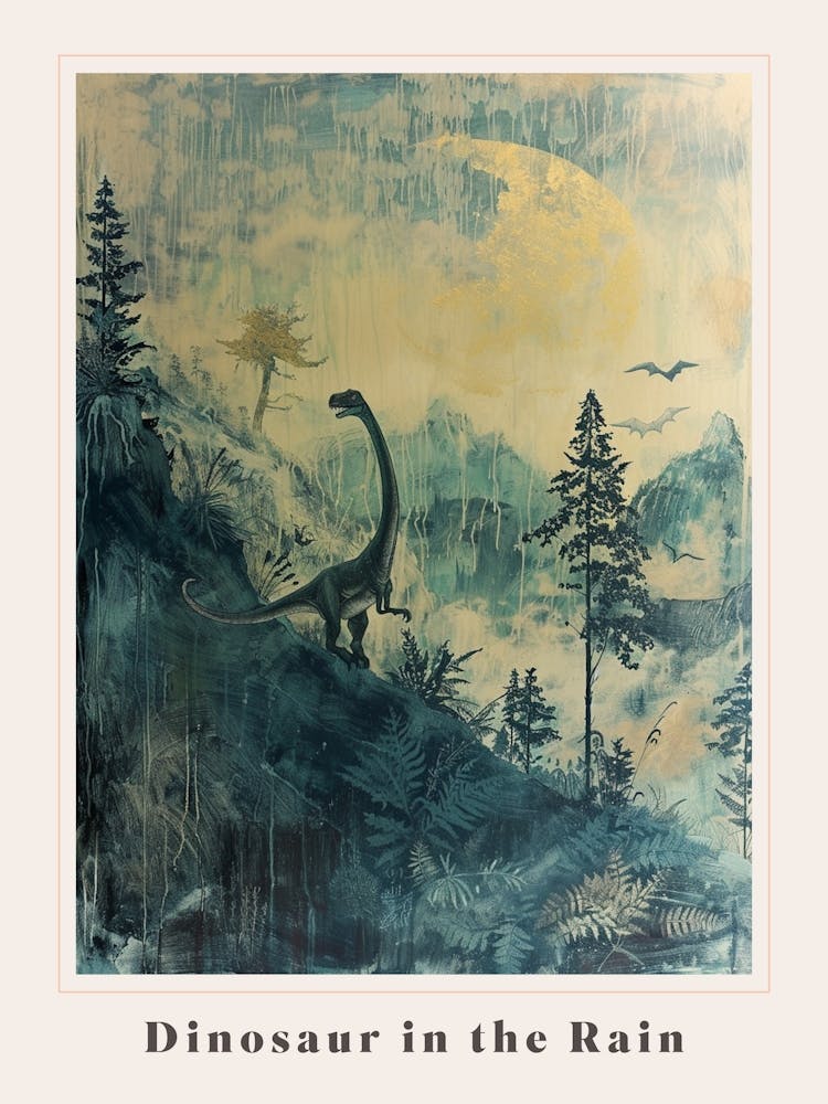 Dinosaurier im Regen auf dem Hügel Malplakat