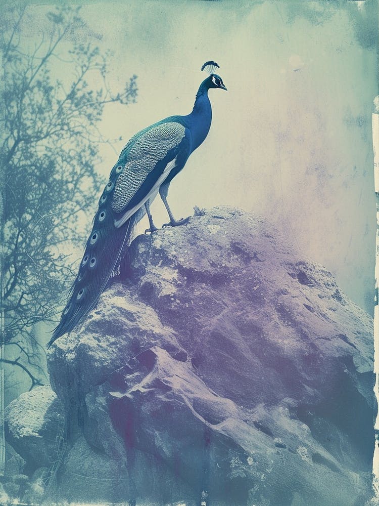 Vintage Turquoise Peacock On A Rock Photography Style 1