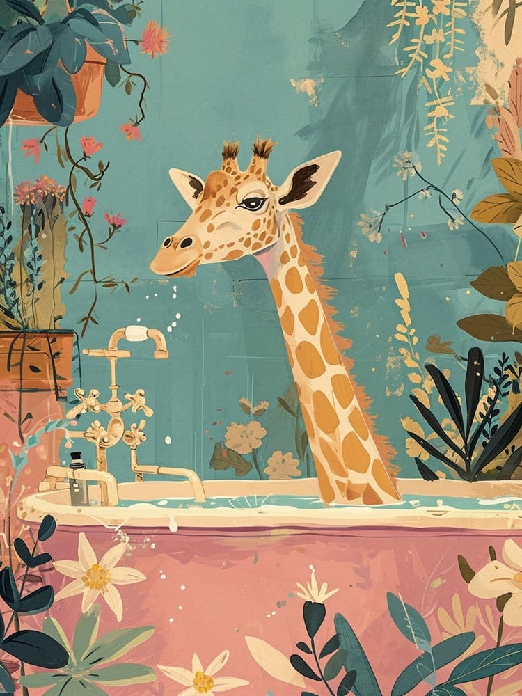 Pastel Illustration Of A Giraffe In The Bath 1