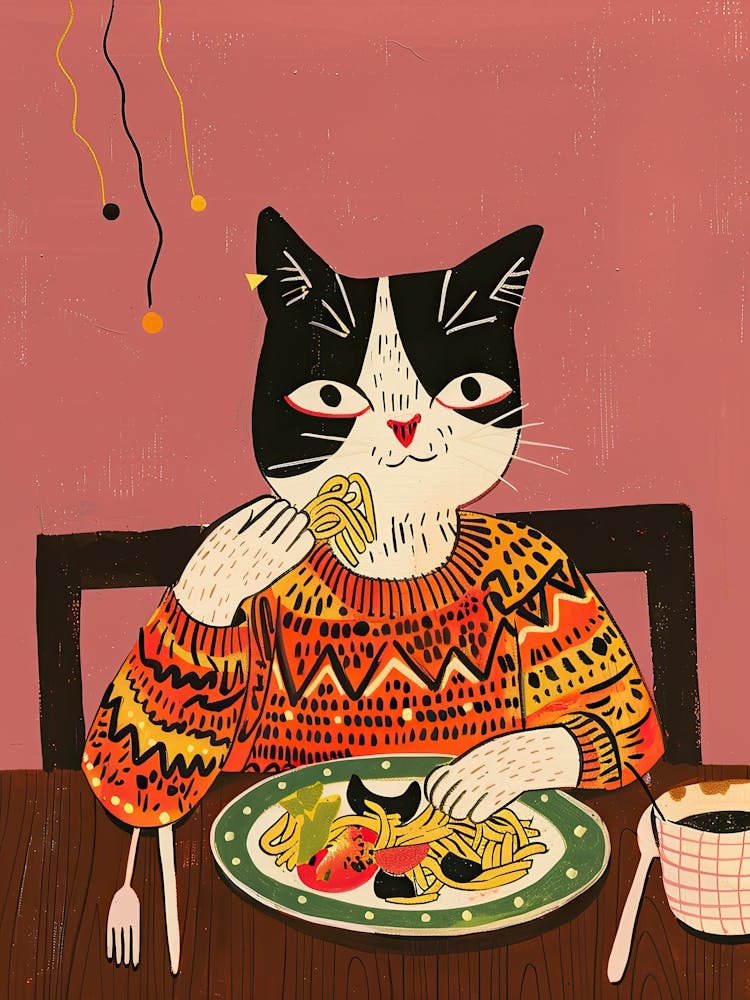 Schwarz-Weiße Katze isst Pizza Volksillustration 7