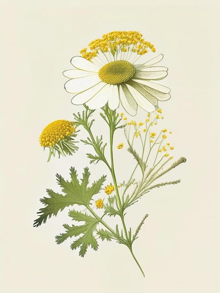Feverfew Spices And Herbs Retro Drawing 1