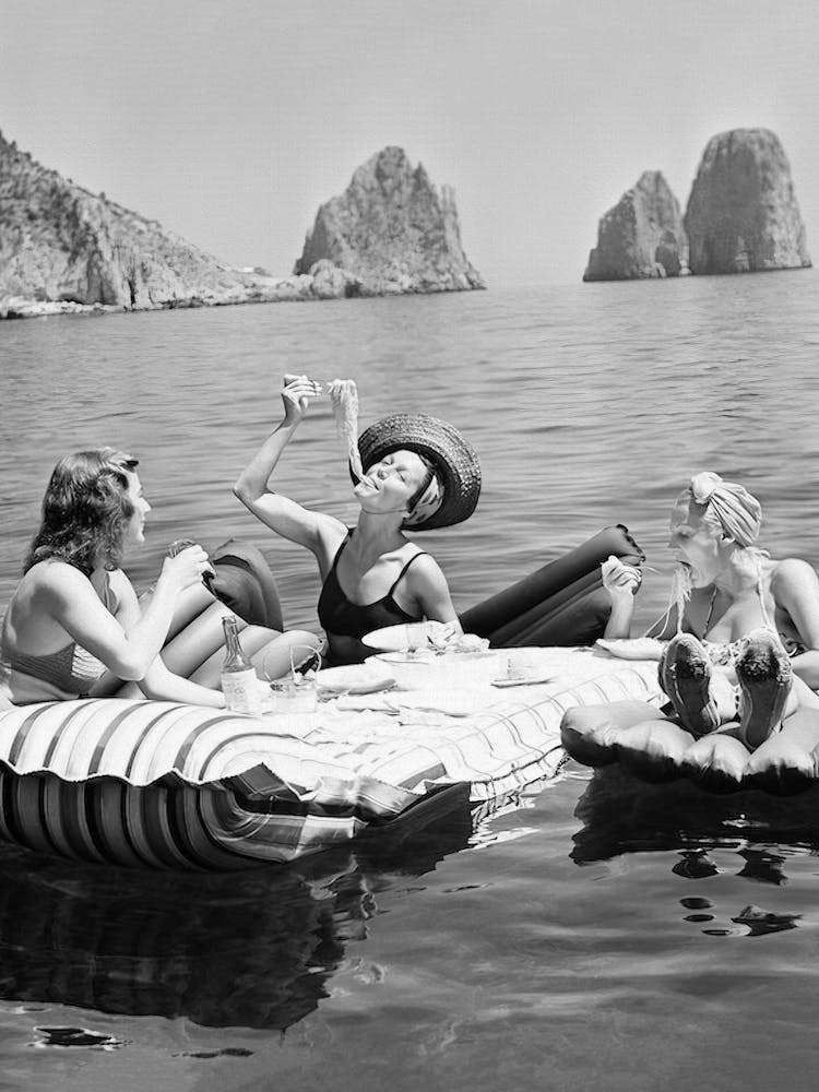 Women Eating Pasta, Women Relaxing on Float on a Lake, Vintage Black and White Old Photo