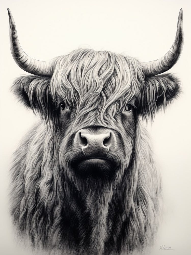 Details Black & White Illustration Of Highland Cow