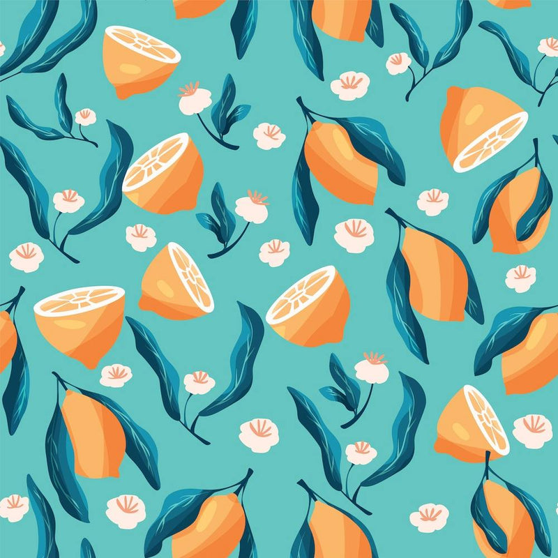 Lemon Pattern With Flowers On Blue Square