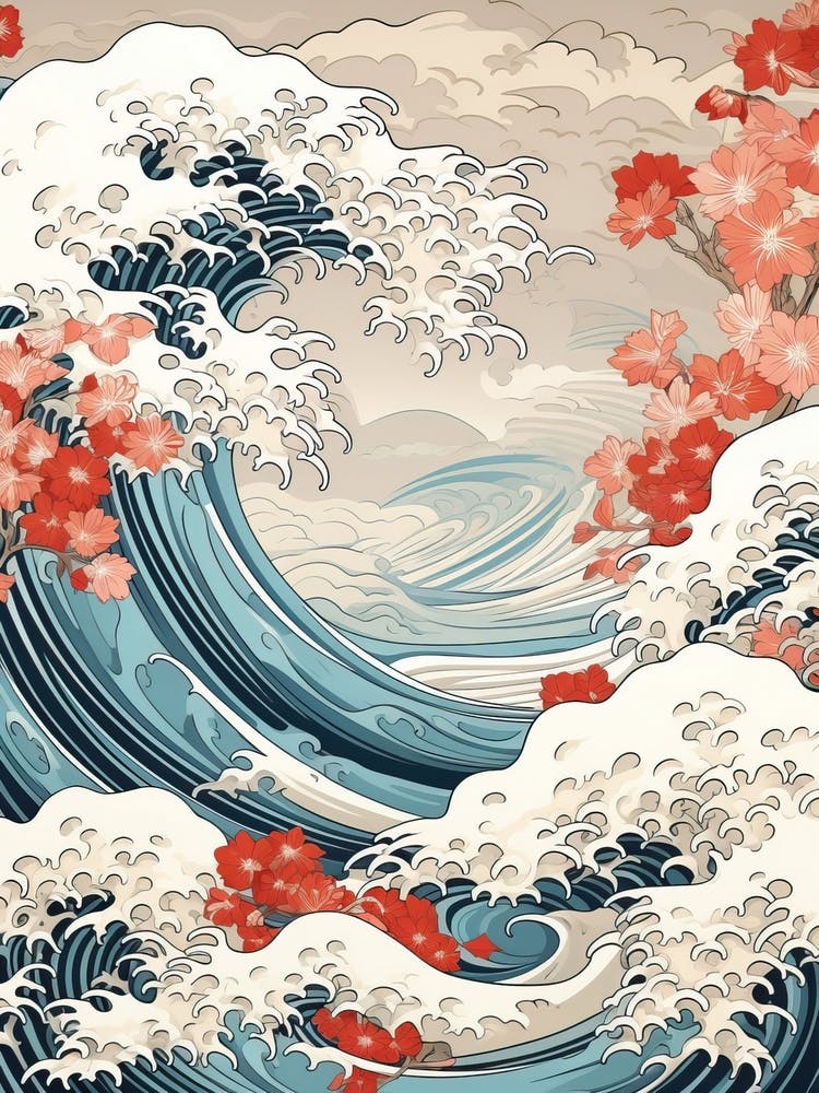Great Wave With Amaryllis Flower Drawing In The Style Of Ukiyo E 4