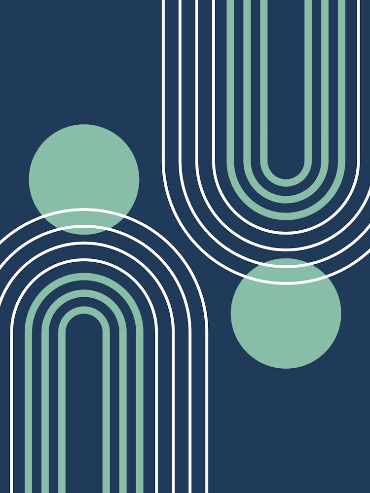 Mid Century Modern Geometric B26 In Navy Blue And Greenery (Rainbow And Sun Abstract) 01