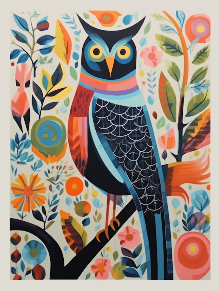 Colourful Scandi Bird Great Horned Owl 1