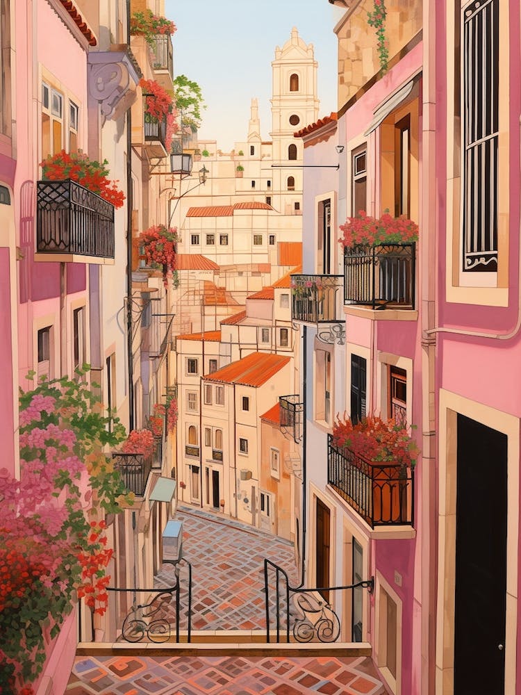 Lisbon Portugal 1 Vintage Pink Travel Illustration