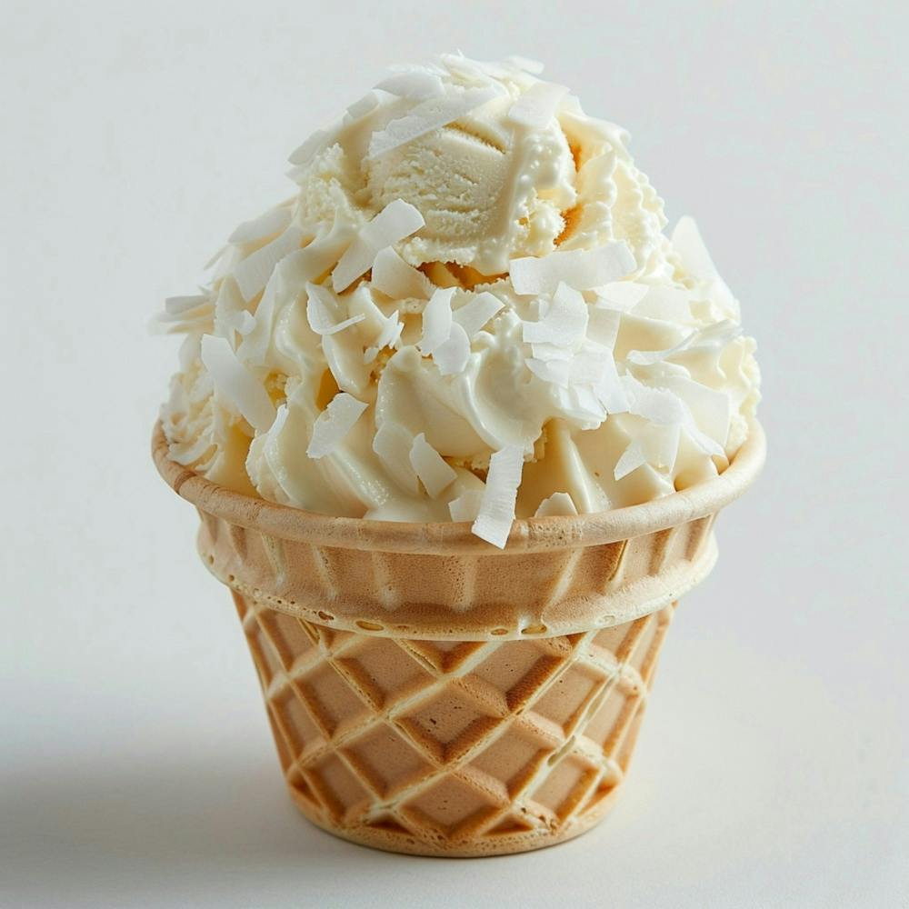 A Photograph Of A White Ice Cream Sundae In A Waffle Cup, Topped With Coconut Flakes, On A Plain White Background