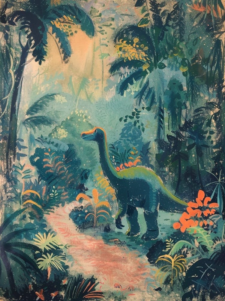 Storybook Teal Dinosaur In The Jungle