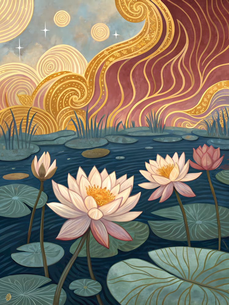 Van Gogh Lotus Pond Golden Waves & Swirling Sky