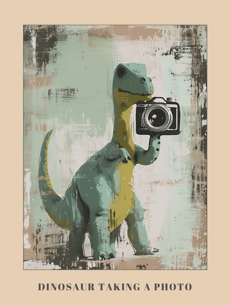 Dinosaurier macht ein Foto mit einer analogen Kamera in gedämpften Pastelltönen 1 Poster
