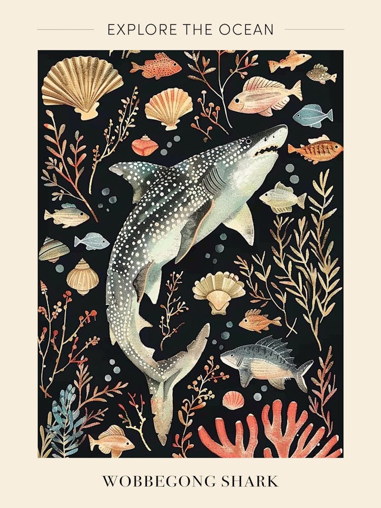Wobbegong Shark Seascape Black Background Illustration 4 Poster