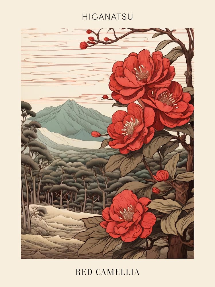 Higanatsu Red Camellia 3 Japanese Botanical Illustration Poster