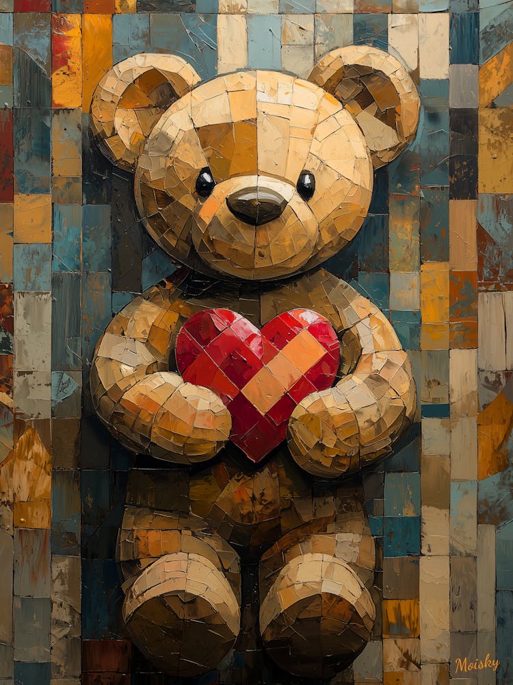 Teddy Bear With Heart, Cubism in Stained Glass Style