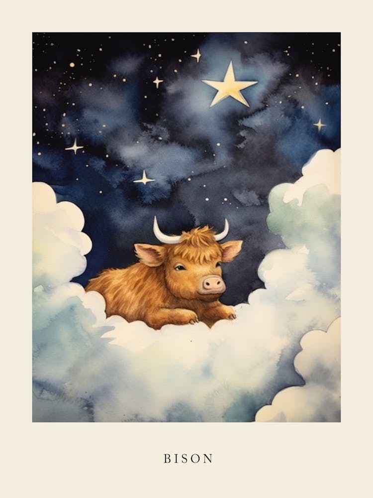 Baby Bison Sleeping In The Clouds Nursery Poster