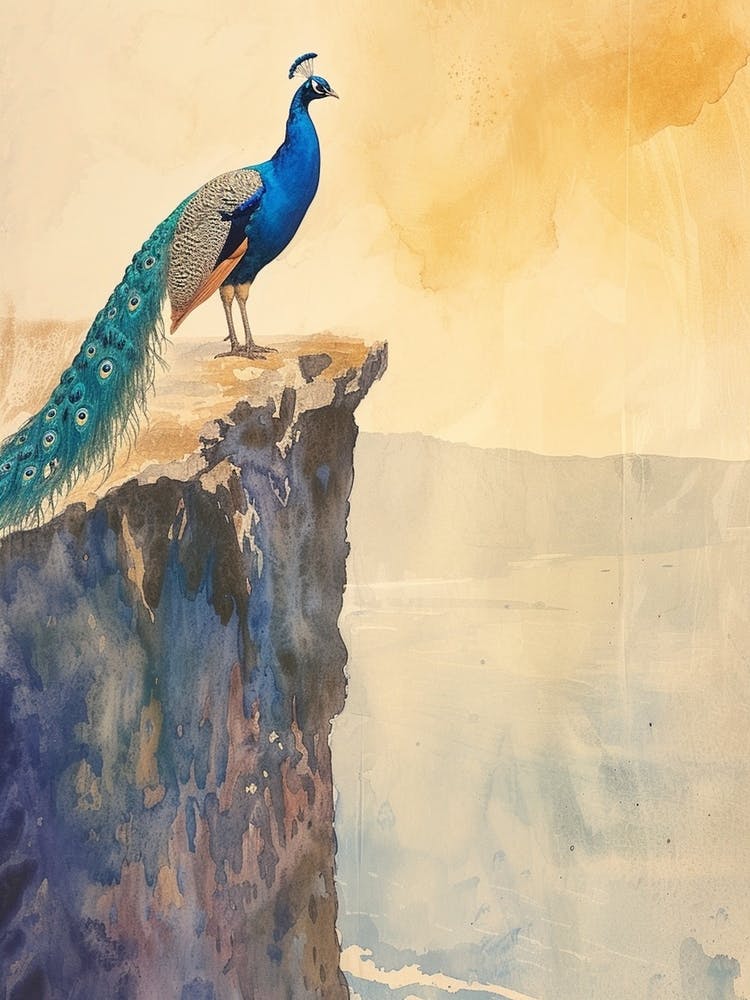 Peacock On A Cliff Edge Watercolour 1