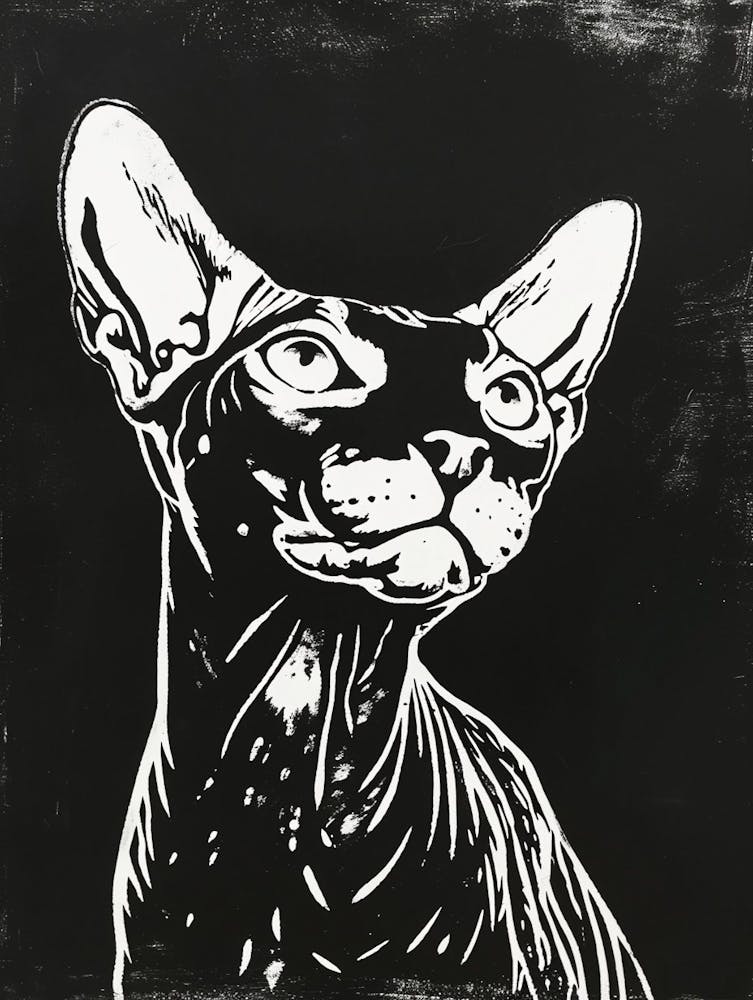 Sphynx Cat Linocut Blockprint 6