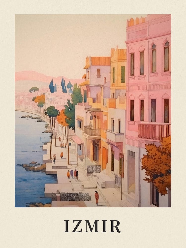 Izmir Turkey 4 Vintage Pink Travel Illustration Poster