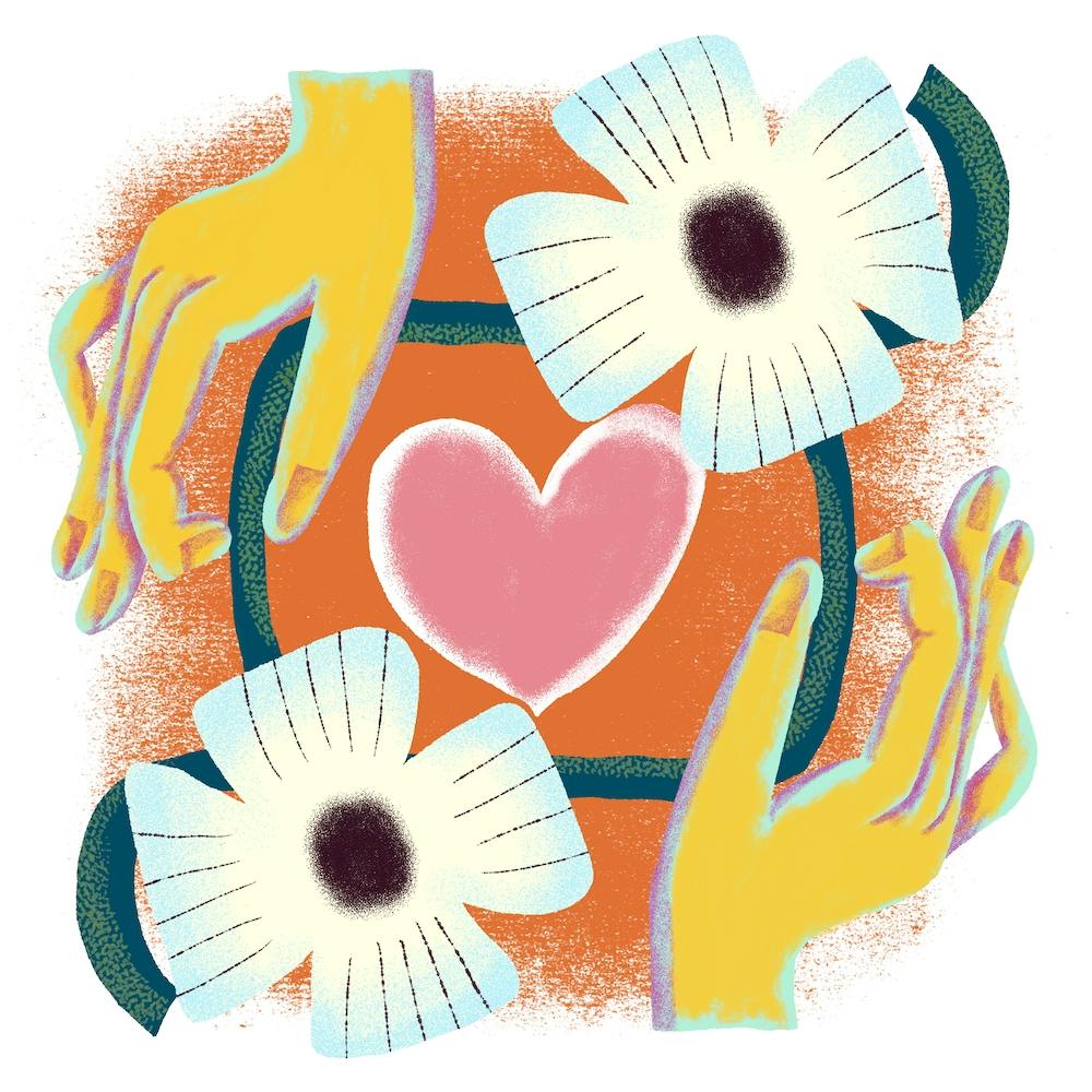 Weiße Blumen, von Händen mit Liebe gehalten – Quadrat