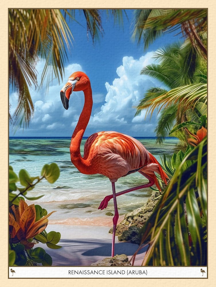 Greater Flamingo Renaissance Island Aruba Tropical Illustration 6 Poster
