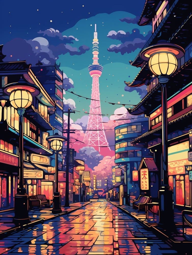 Winter Travel Night Illustration Tokyo Japan 2