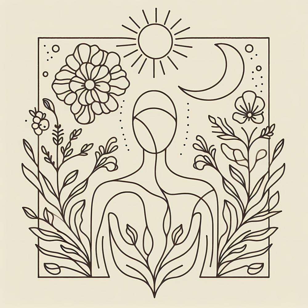 Line Drawing Of A Woman With Flowers