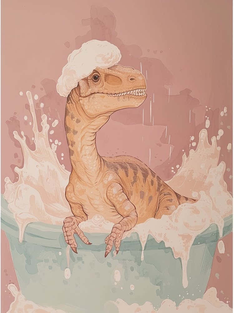 Blush Pink Dinosaur In The Bath