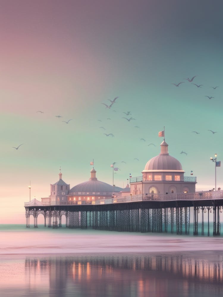 Fantasy Style Brighton Pier At Night Alternate Pink Galaxy Night Birds