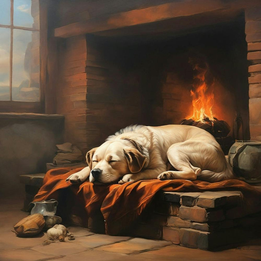 Dog Sleeping In Front Of Fireplace