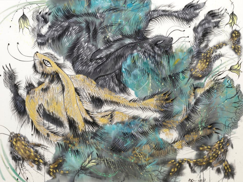 Hares on the pond ink art