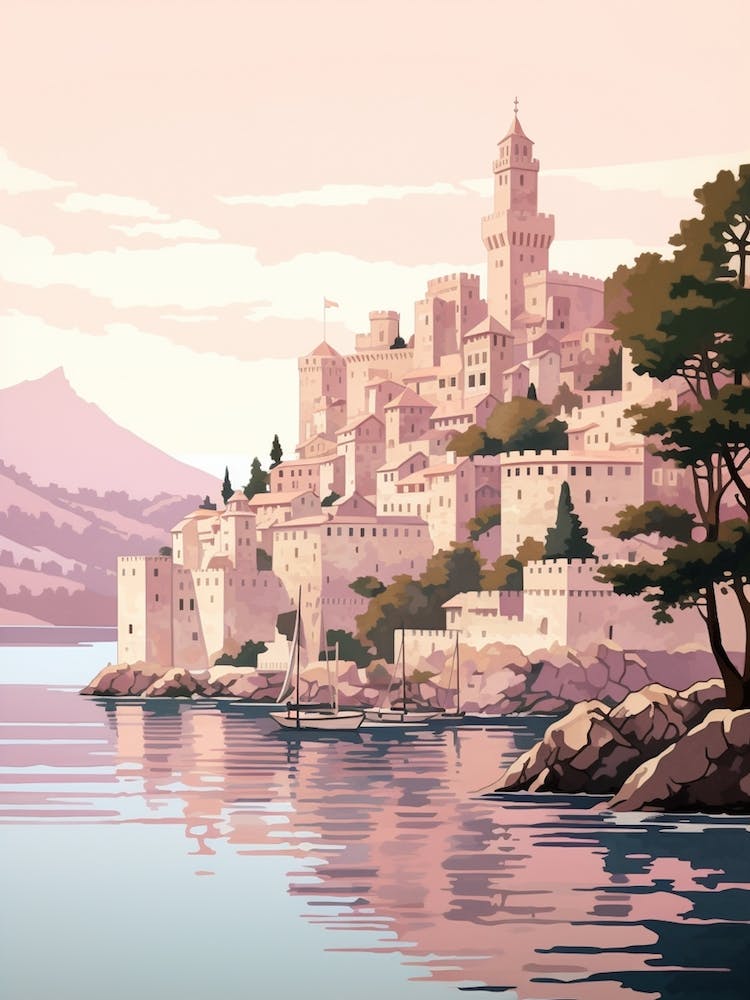 Korcula Croatia 3 Vintage Pink Travel Illustration