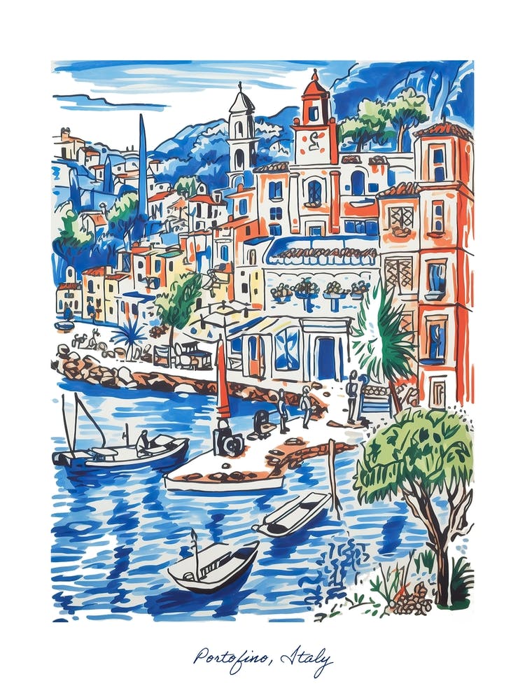 Portofino Illustration Line Art Italy Travel Blue