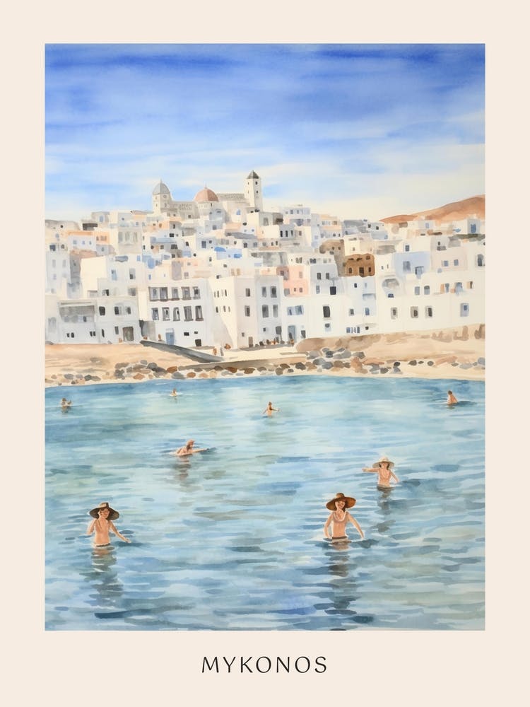 Swimming In Mykonos Greece 2 Watercolour Poster