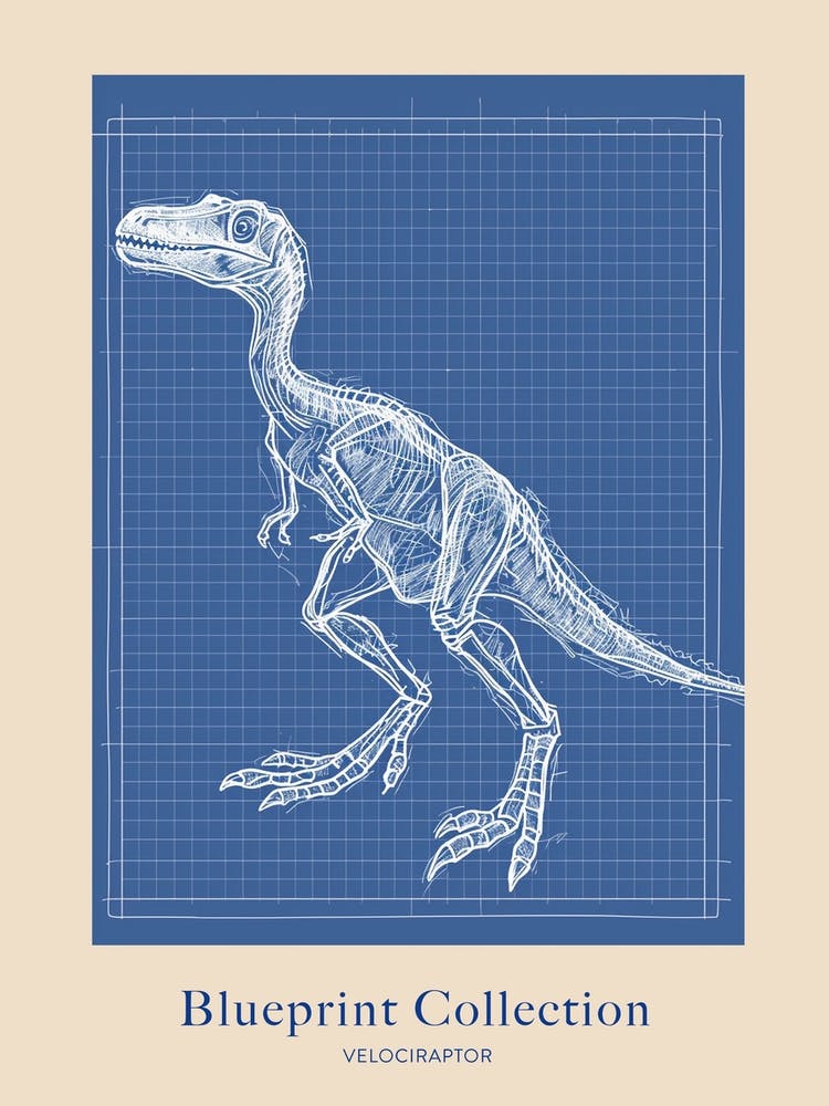 Velociraptor Dinosaur Blue Print Inspired 2 Poster