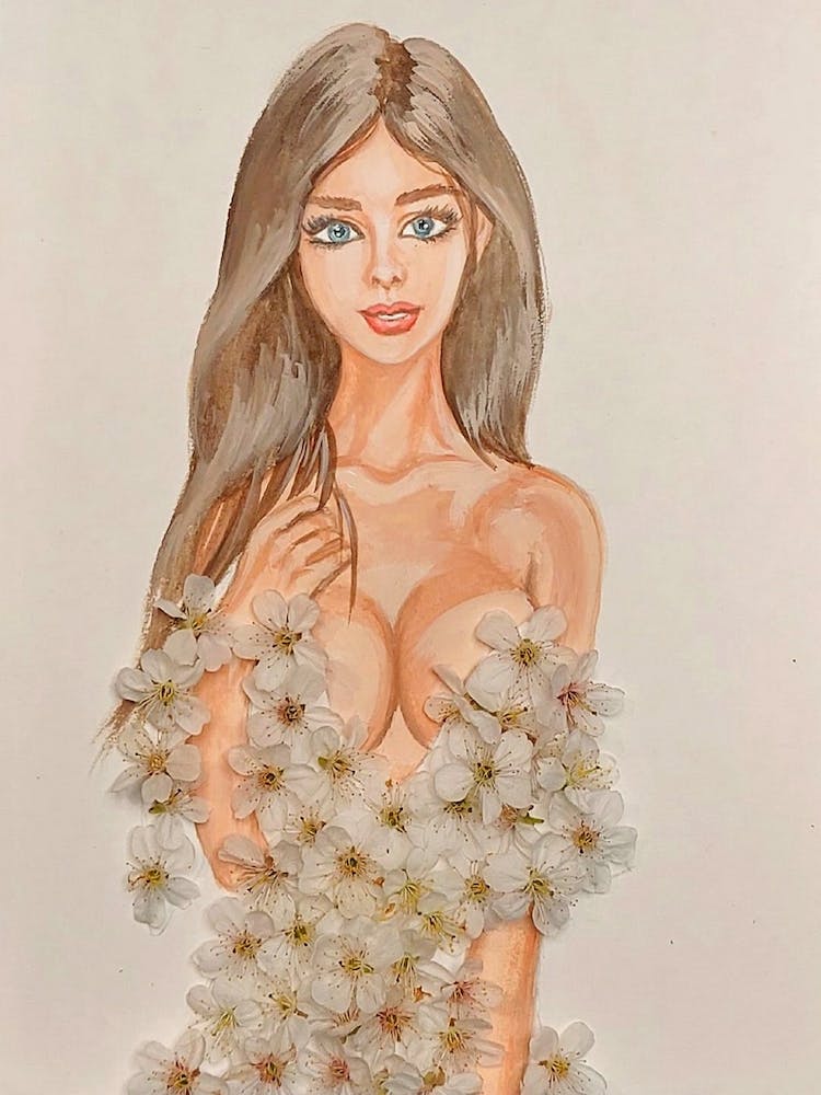 Dame in einem Kleid aus weißen Blumen