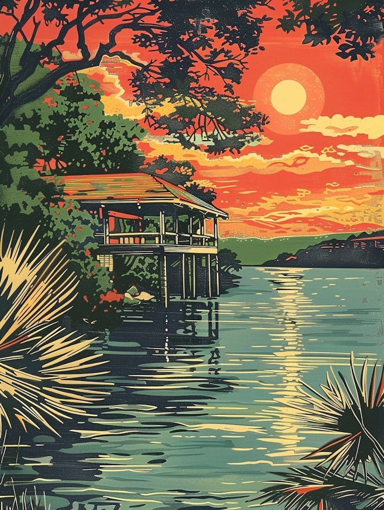 The Oasis On Lake Travis Austin Texas Colourful Blockprint 1