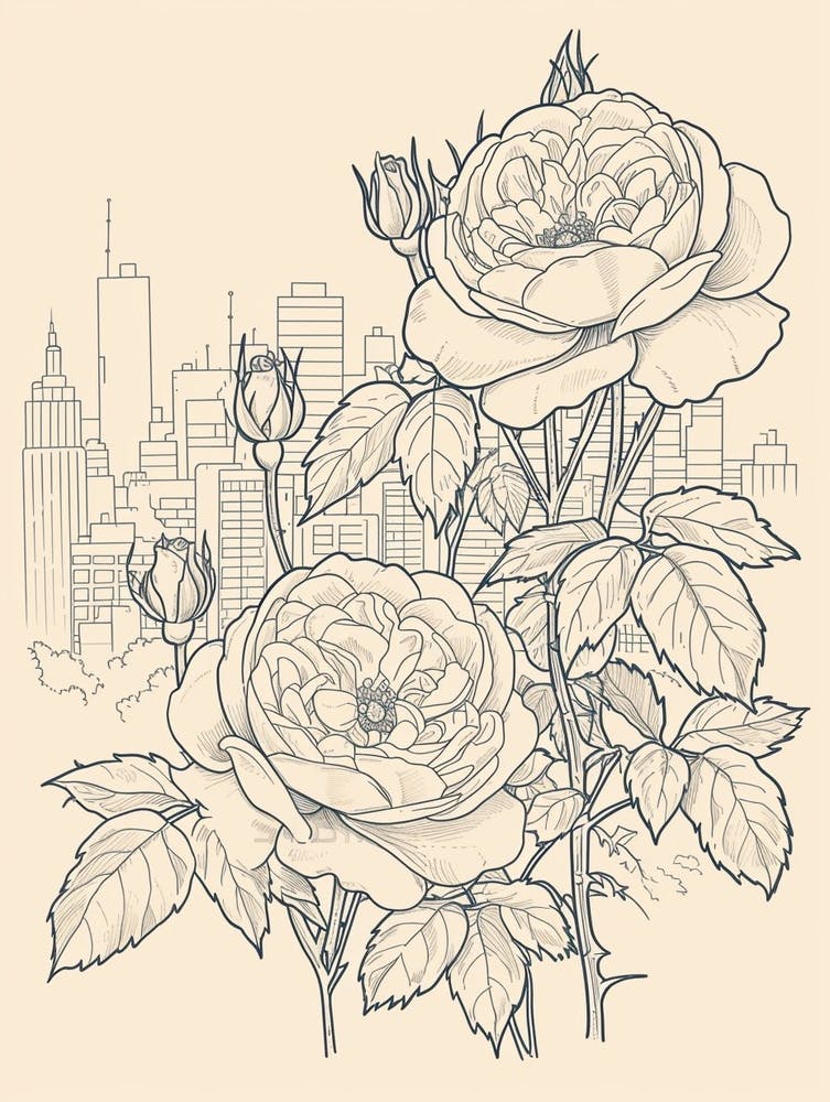 Rose Cityscape Line Drawing 2