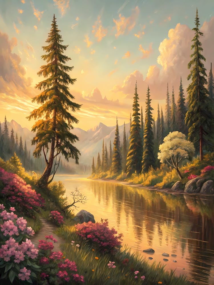 Paysage de l'Heure Dorée avec Rivière Style Peinture à l'Huile