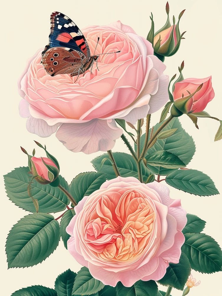 English Roses Painting Rose With Butterfly 1