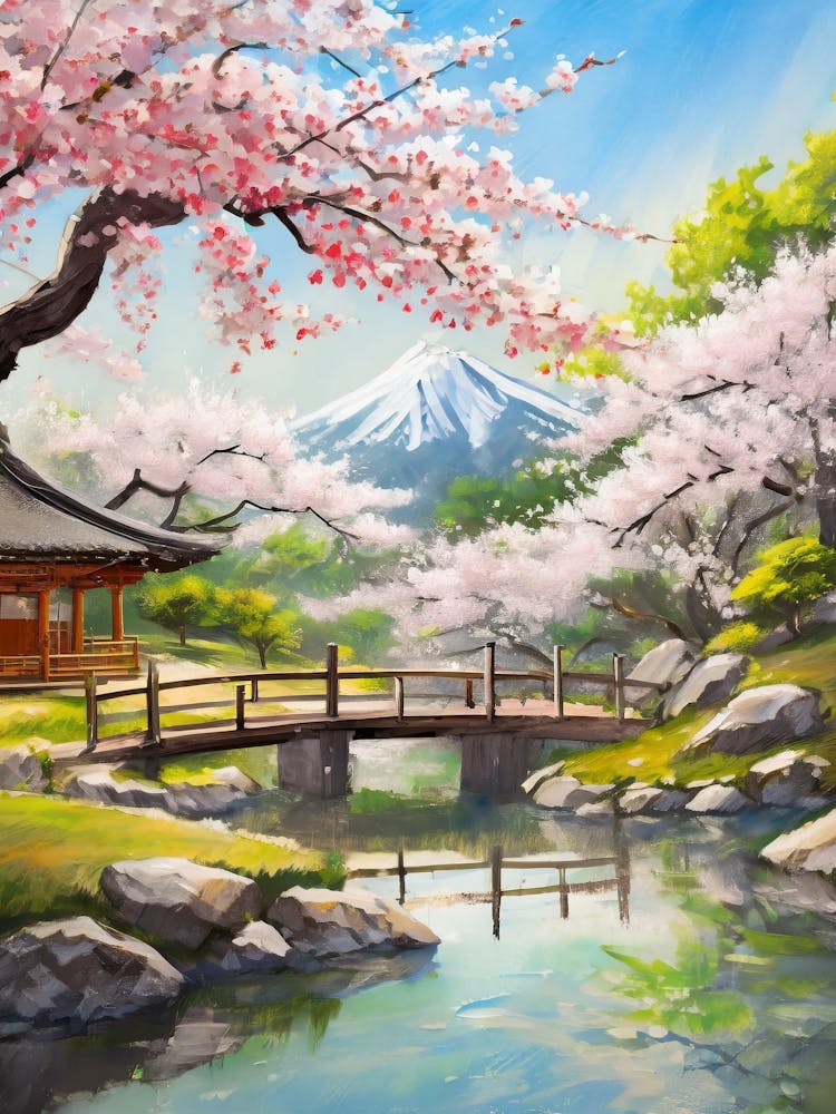 Serene Japanese Garden With Cherry Blossoms In Full Bloom