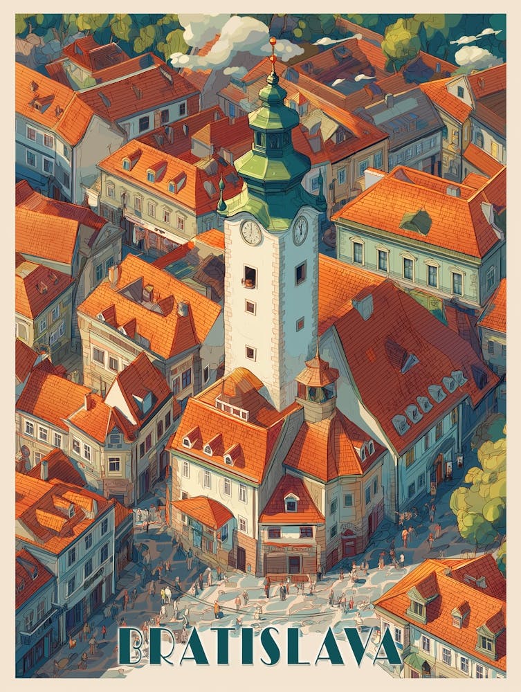 Vintage Bratislava Slovakia Travel Poster | Old Town Tower & Cobblestone Streets Art