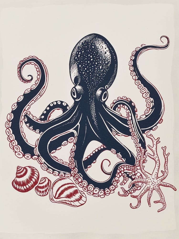 Blue Red Linocut Octopus With Shells 2