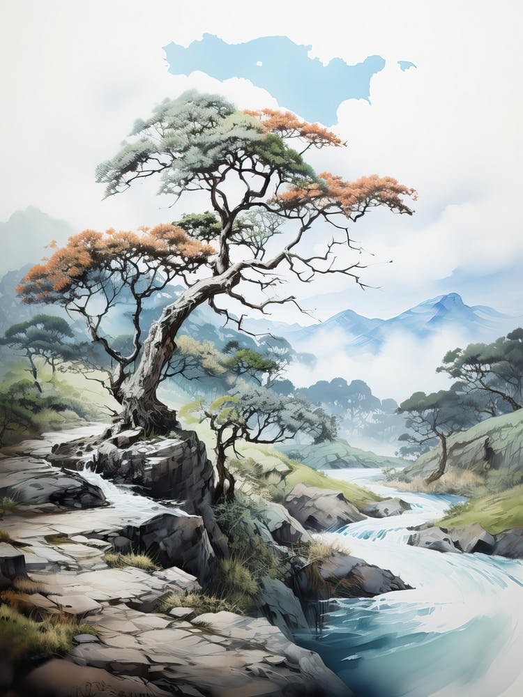 Sado Island In Niigata, Japanese Brush Painting, Ukiyo E, Minimal 1