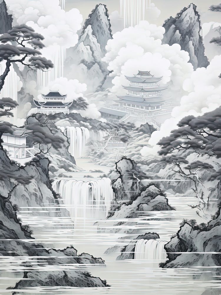 Amanohashidate In Kyoto, Ukiyo E Black And White Line Art Drawing 10