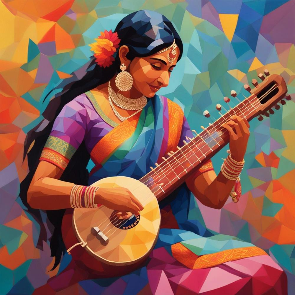 In An Oil Painting The Vibrant Essence Of A Joyous Indian Woman Playing The Sitar With Profound Enthusiasm Is Beautifully Depicted The Artwork Showcases The Woman In Meticulous Detail Exuding Pure 0