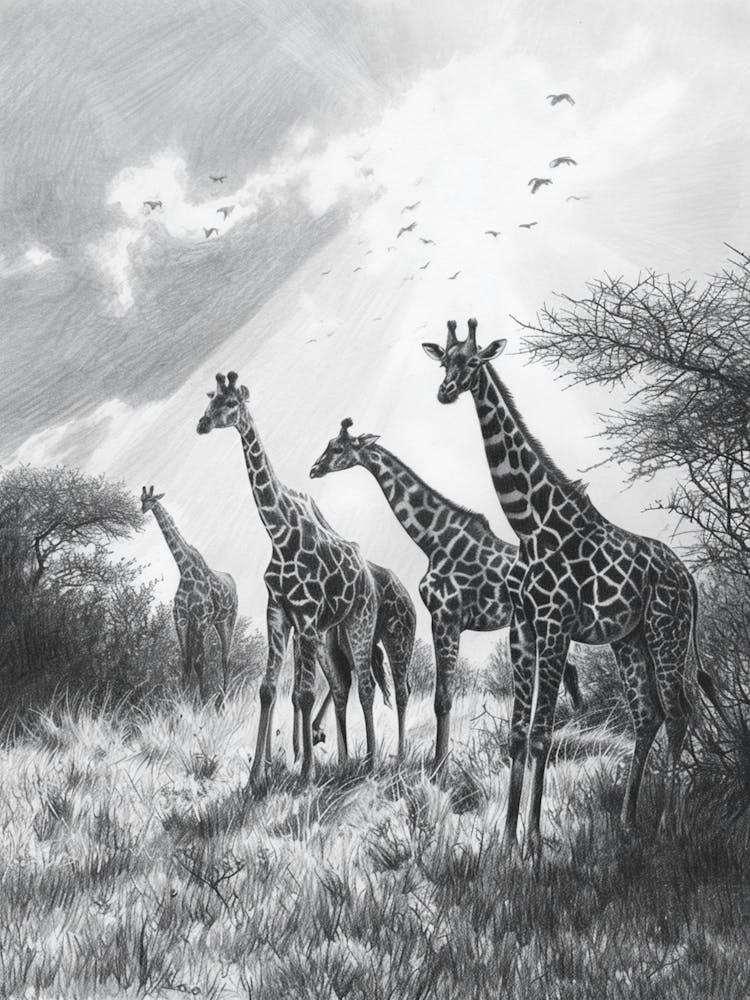 Pencil Portrait Herd Of Giraffes In The Wild  3